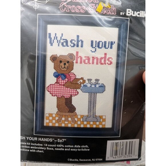 Bucilla Counted Cross-Stitch Kit "Wash Your Hands" 5"x7" Gallery Stitches Bear - Picture 6 of 7